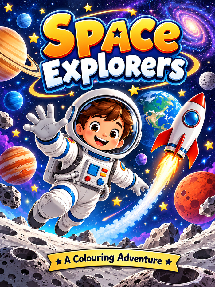 Published Space Explorers ready-made colouring book cover example